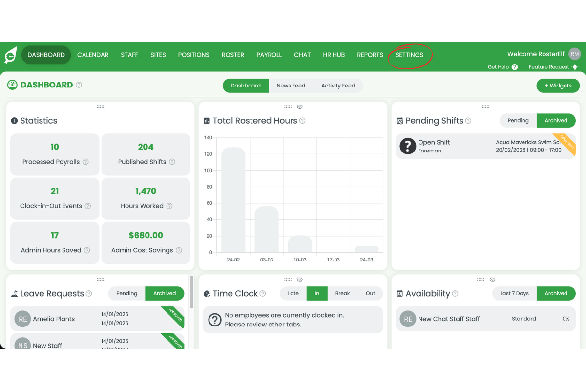 RosterElf main navigation with the Settings option highlighted