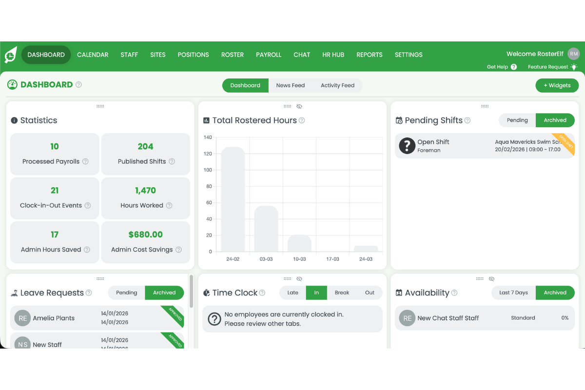 RosterElf dashboard home screen showing the main navigation bar