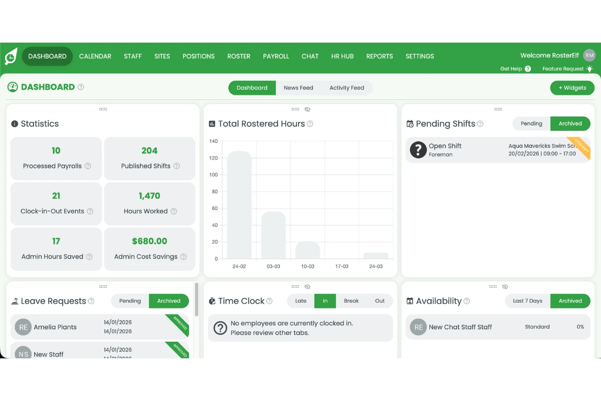 RosterElf dashboard home screen showing the main navigation bar