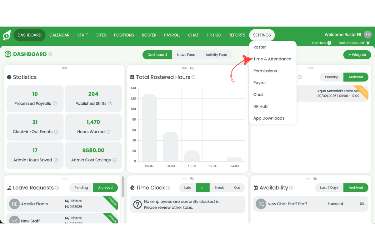 RosterElf Settings page with Time and Attendance Settings highlighted