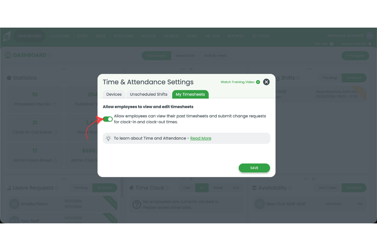 RosterElf My Timesheets settings showing the toggle switched on to enable staff timesheet submissions
