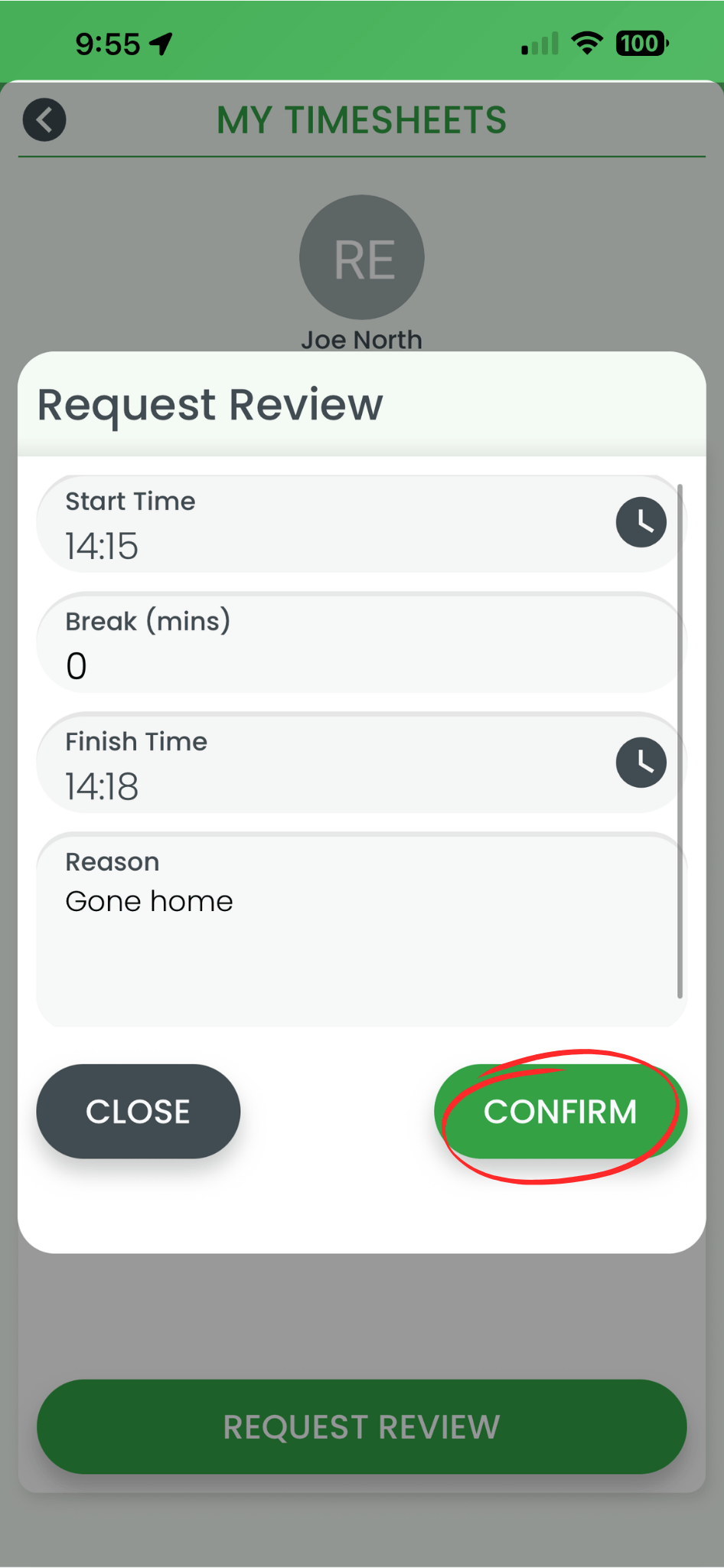RosterElf smartphone app timesheet amendment form with the Confirm button highlighted to submit the request