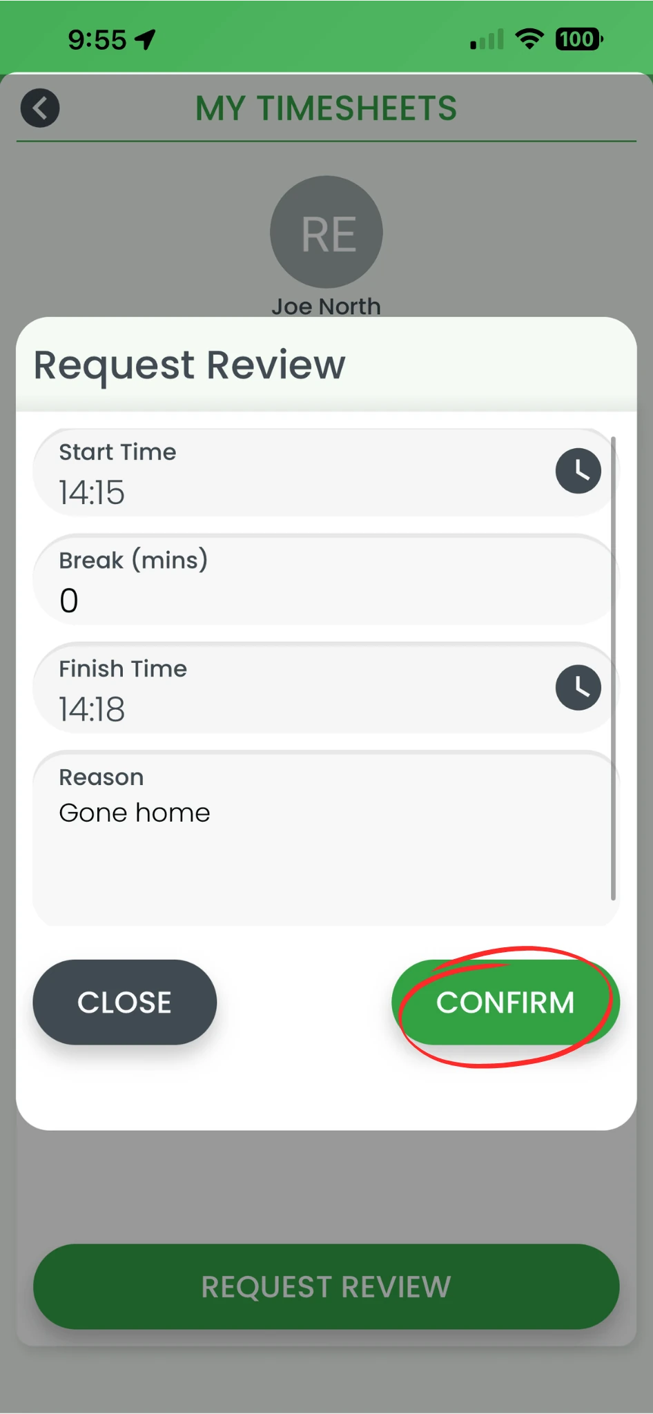RosterElf smartphone app timesheet amendment form with the Confirm button highlighted to submit the request