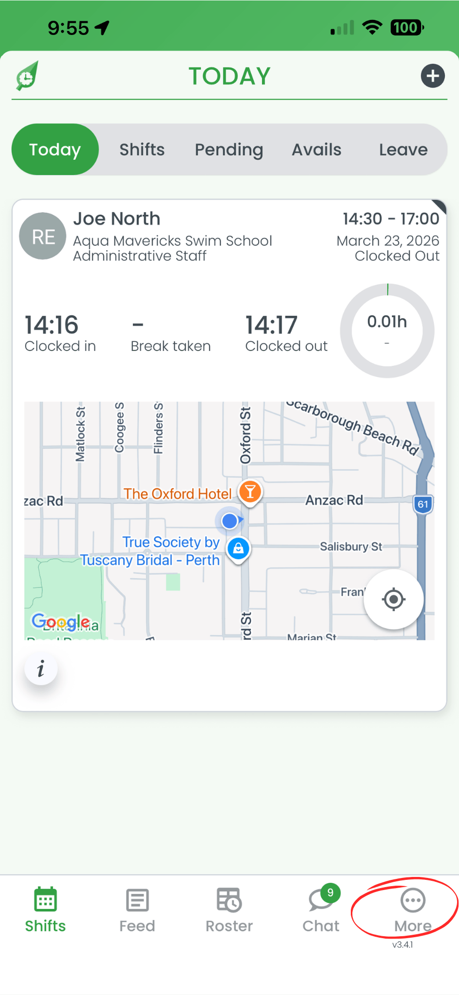 RosterElf smartphone app with the More button highlighted in the bottom navigation bar