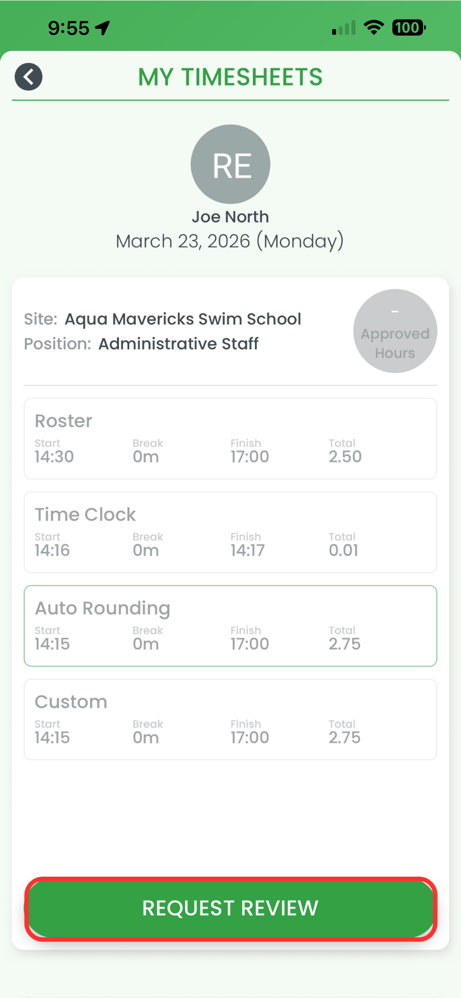 RosterElf smartphone app shift detail screen with the Request Review button highlighted