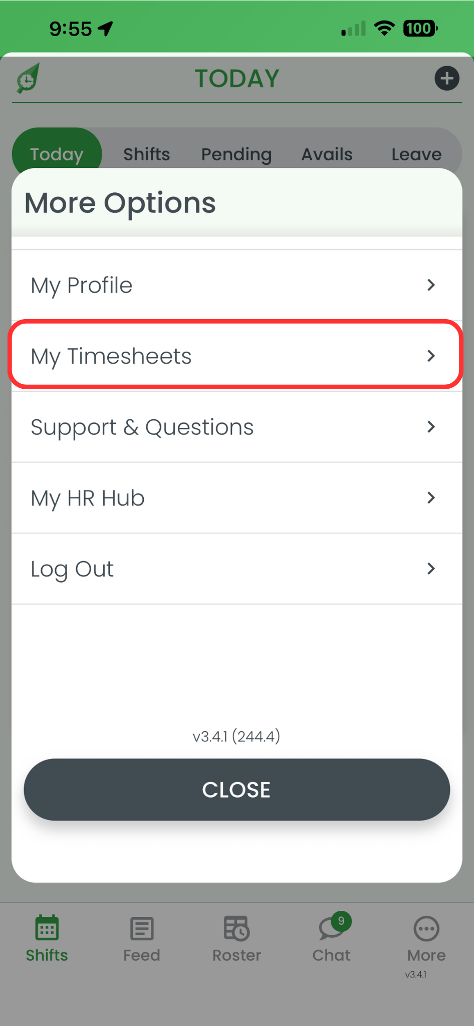 RosterElf smartphone app More menu with My Timesheets option highlighted
