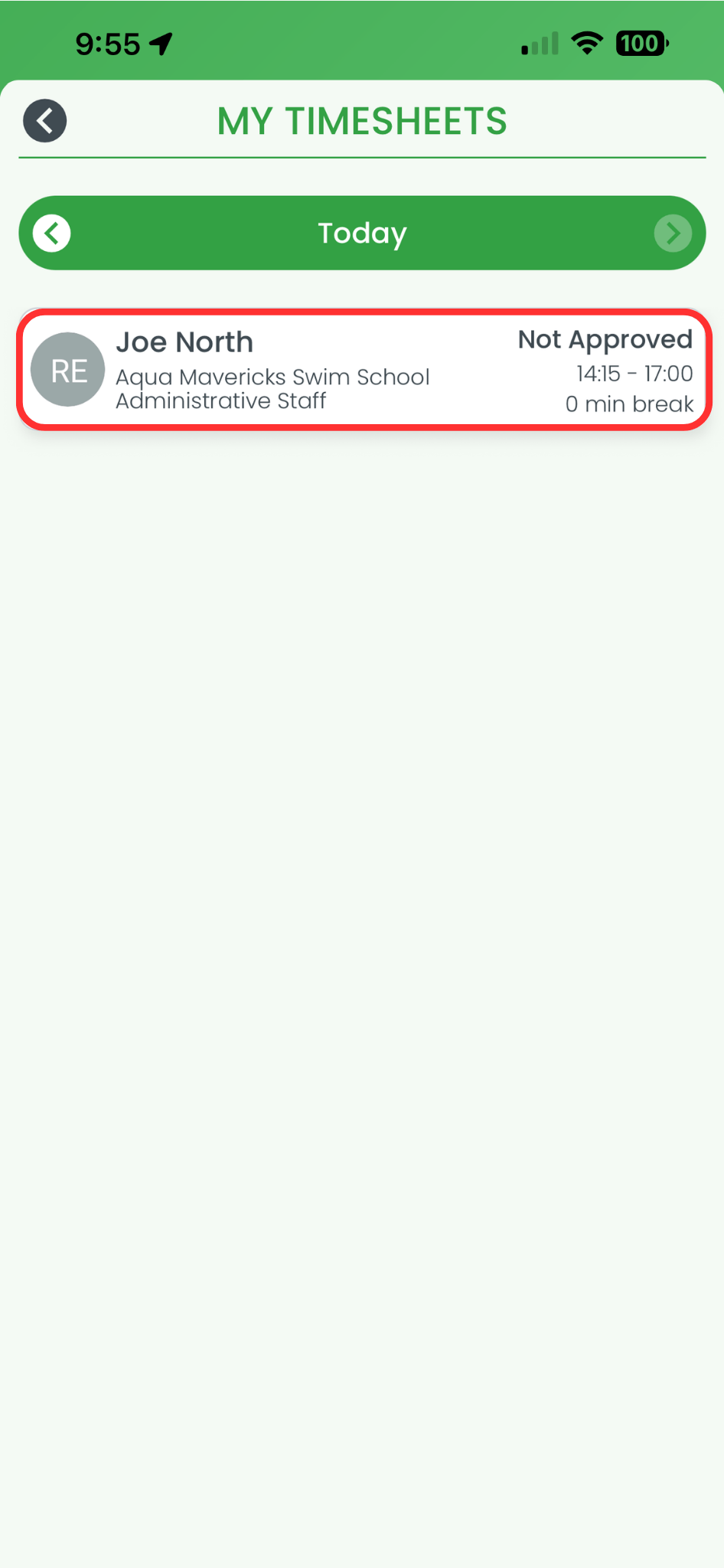 RosterElf My Timesheets screen on smartphone showing a list of shifts with one highlighted for selection