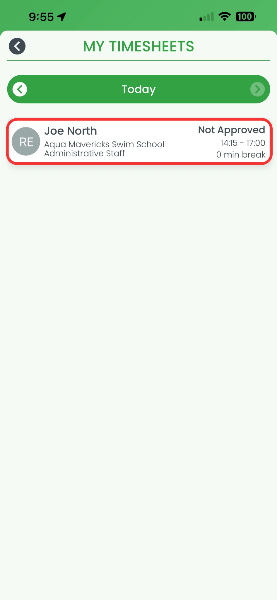 RosterElf My Timesheets screen on smartphone showing a list of shifts with one highlighted for selection