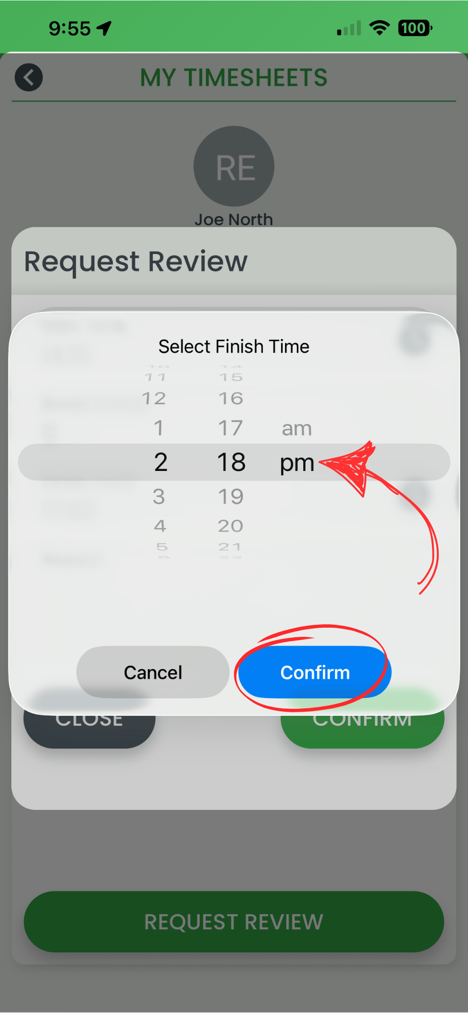 RosterElf smartphone app timesheet amendment form showing time fields for entering correct start and end times