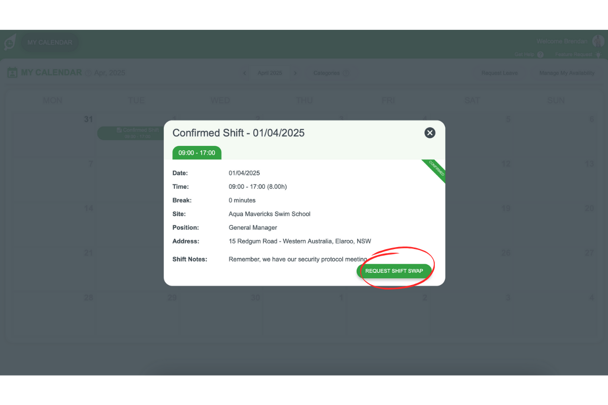 Requesting a shift swap from My Calendar