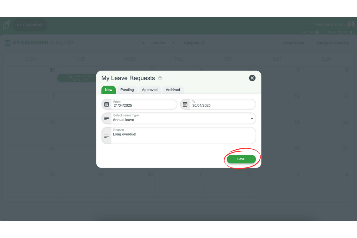 Leave request form in My Calendar