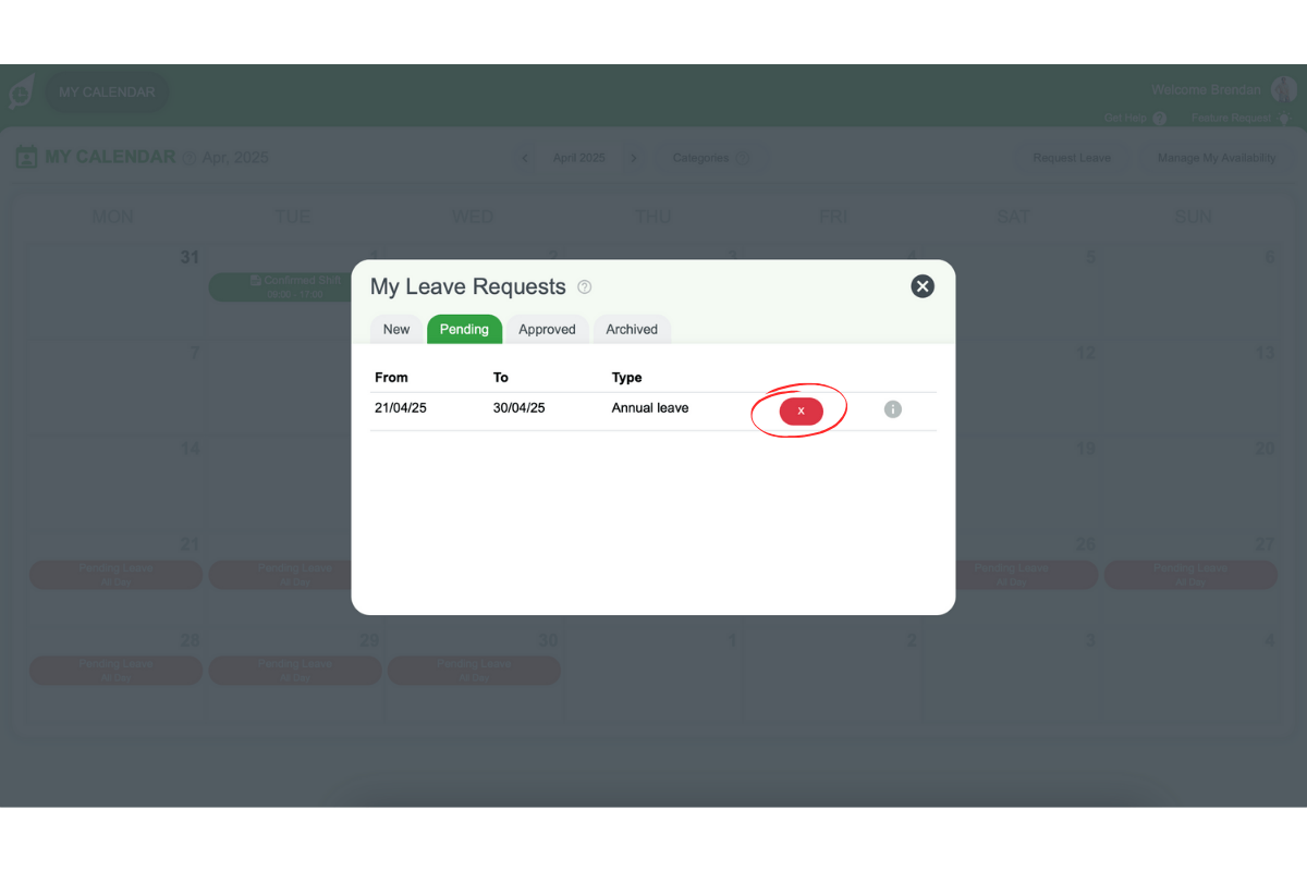 Cancelling pending leave in My Calendar