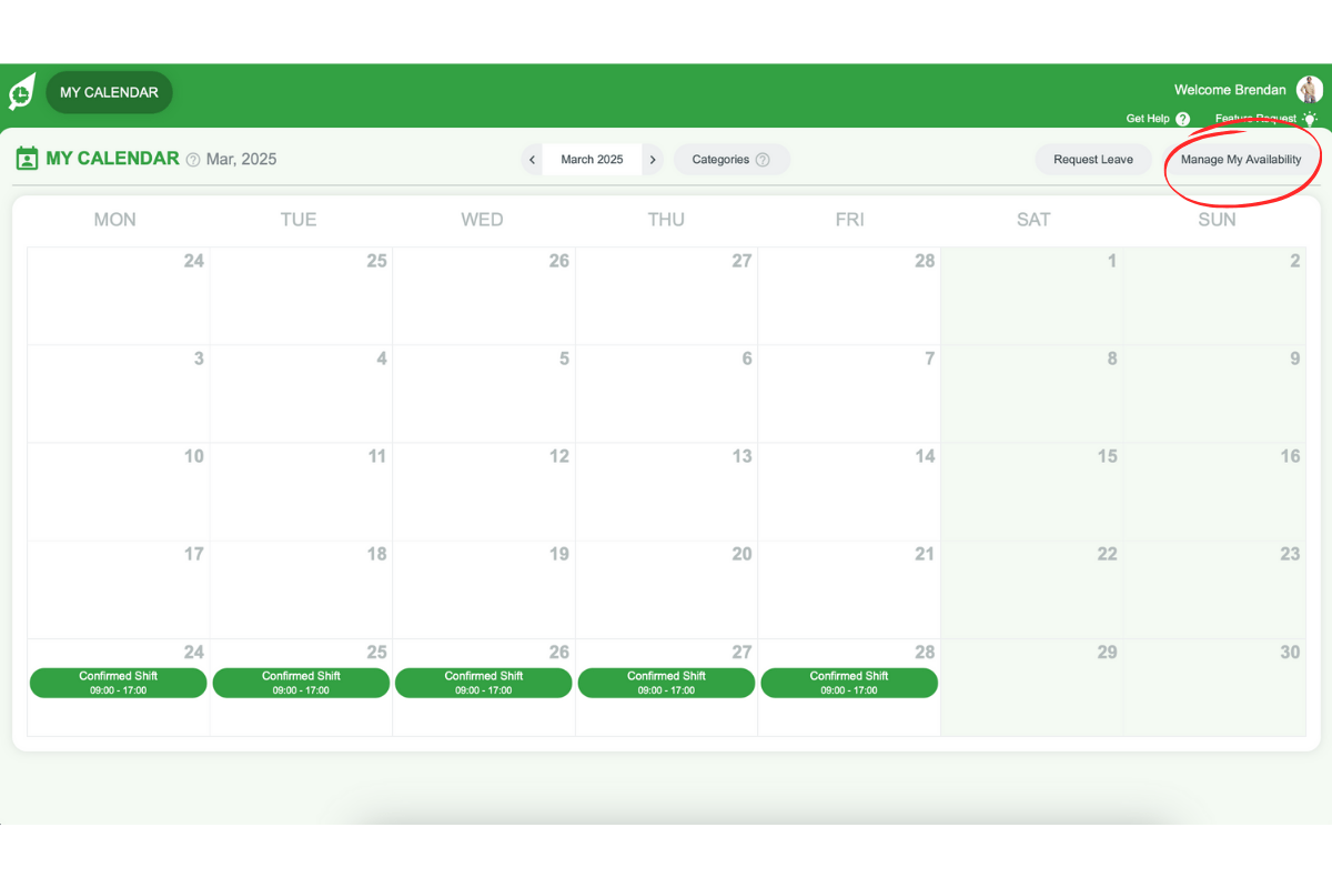 Manage My Availability button in My Calendar