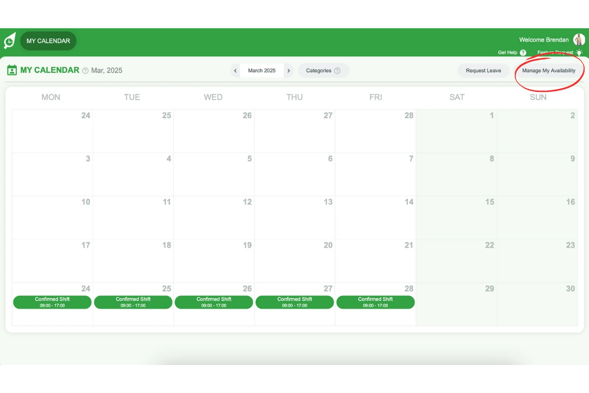 Manage My Availability button in My Calendar