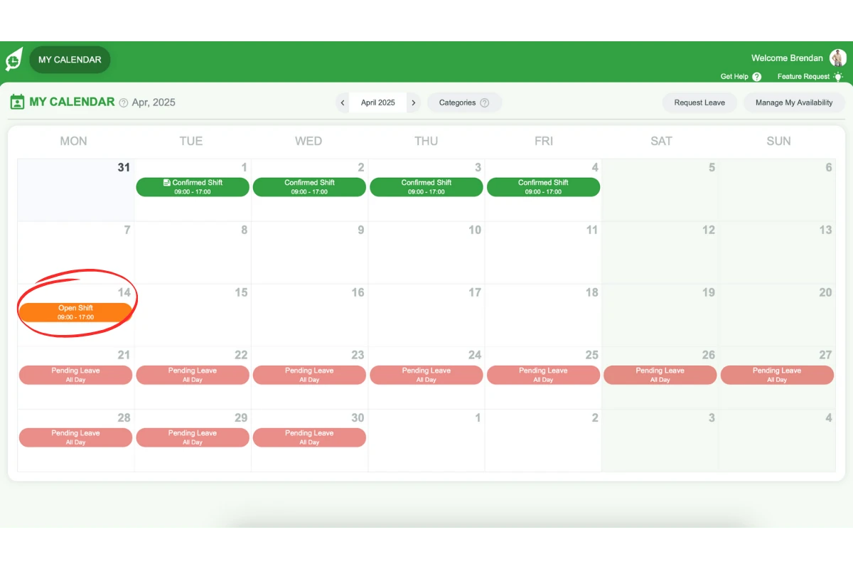 Open shifts category in My Calendar