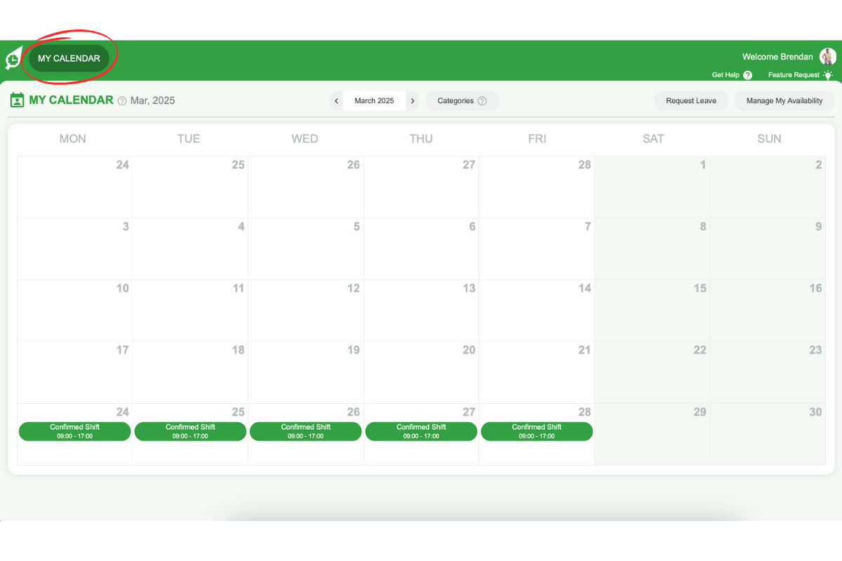 My Calendar option in RosterElf