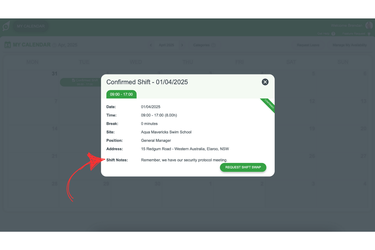 Shift notes displayed in My Calendar