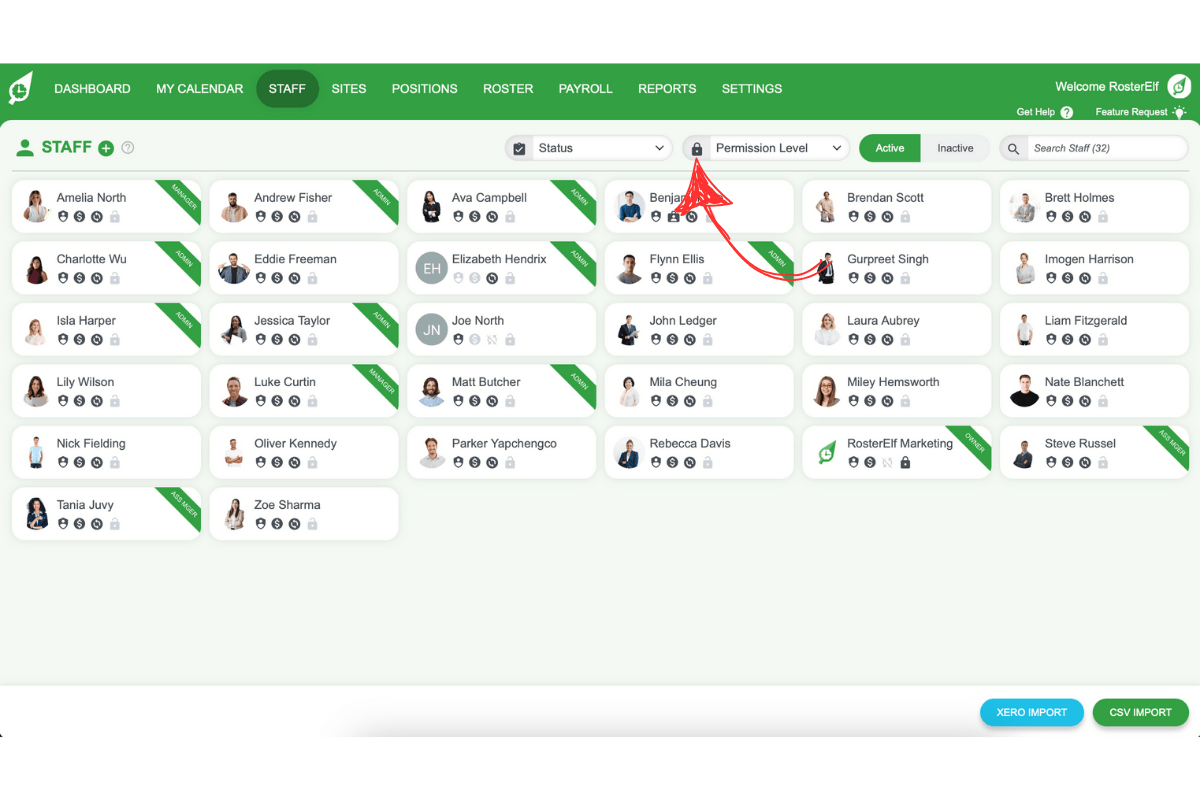 Permission level filter overview in RosterElf