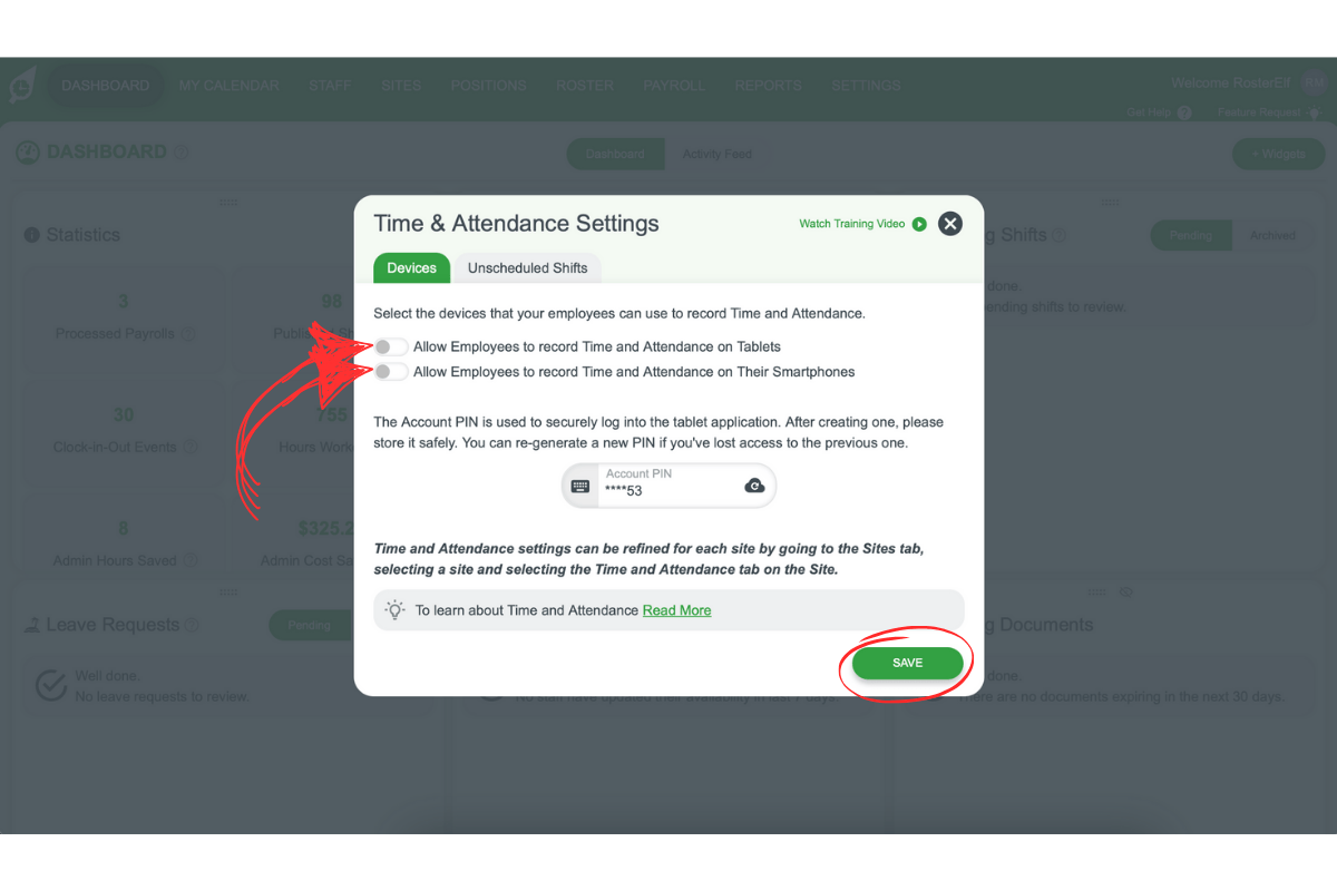 Screenshot toggling a global clock-in method off