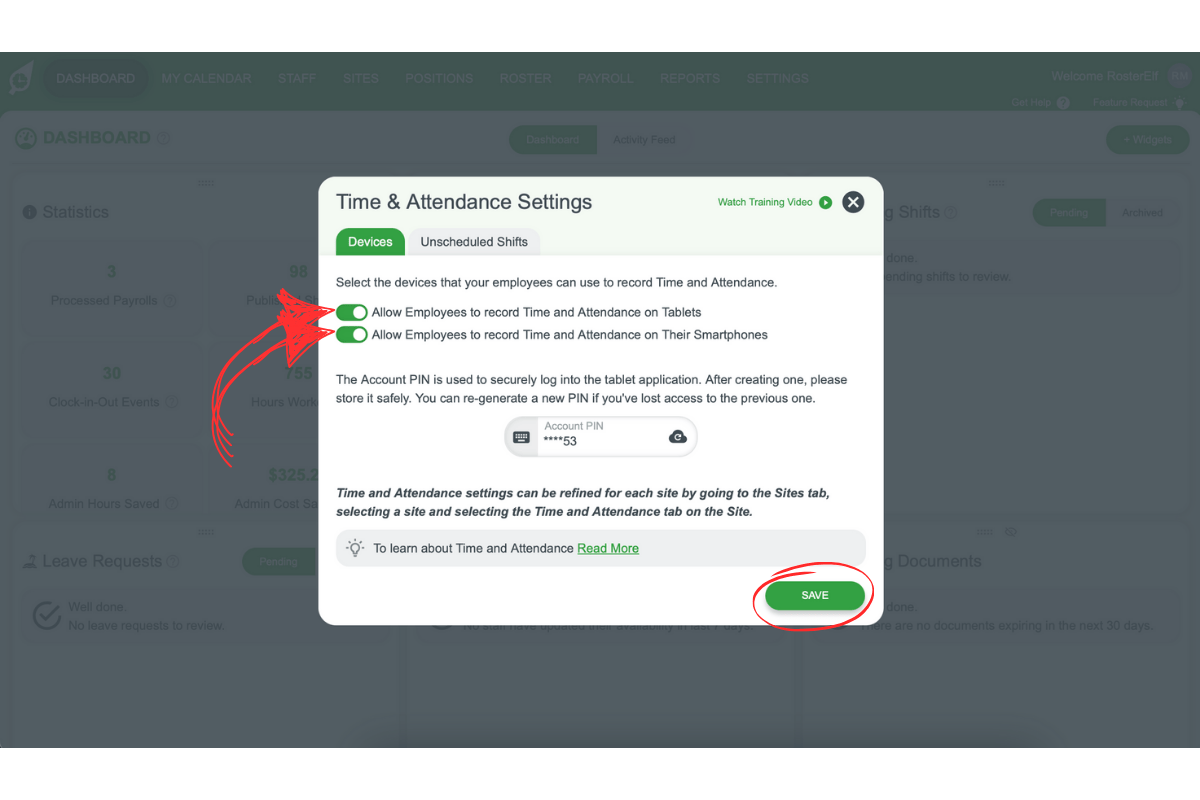 Screenshot toggling a global clock-in method on