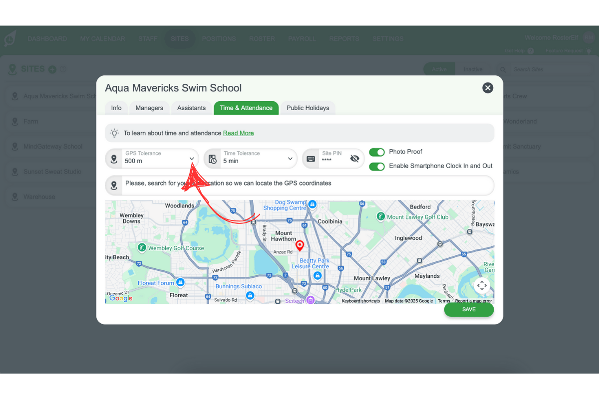 Screenshot indicating the GPS tolerance setting for a site