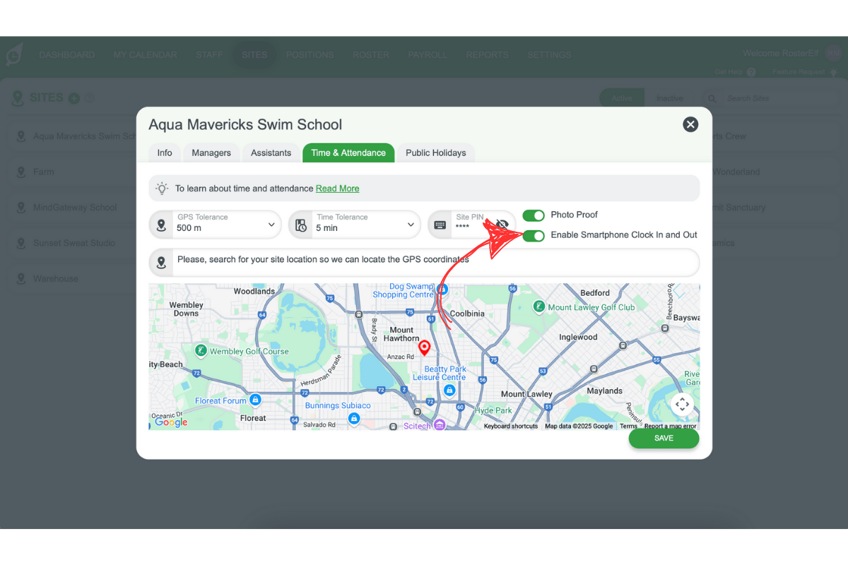 Screenshot illustrating the smartphone clock in/out toggle