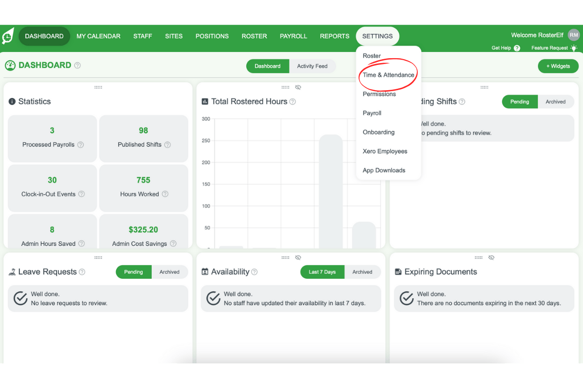 Screenshot indicating the Time & Attendance option