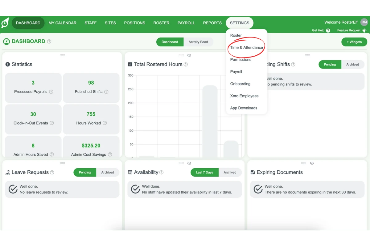 Screenshot indicating the Time & Attendance option