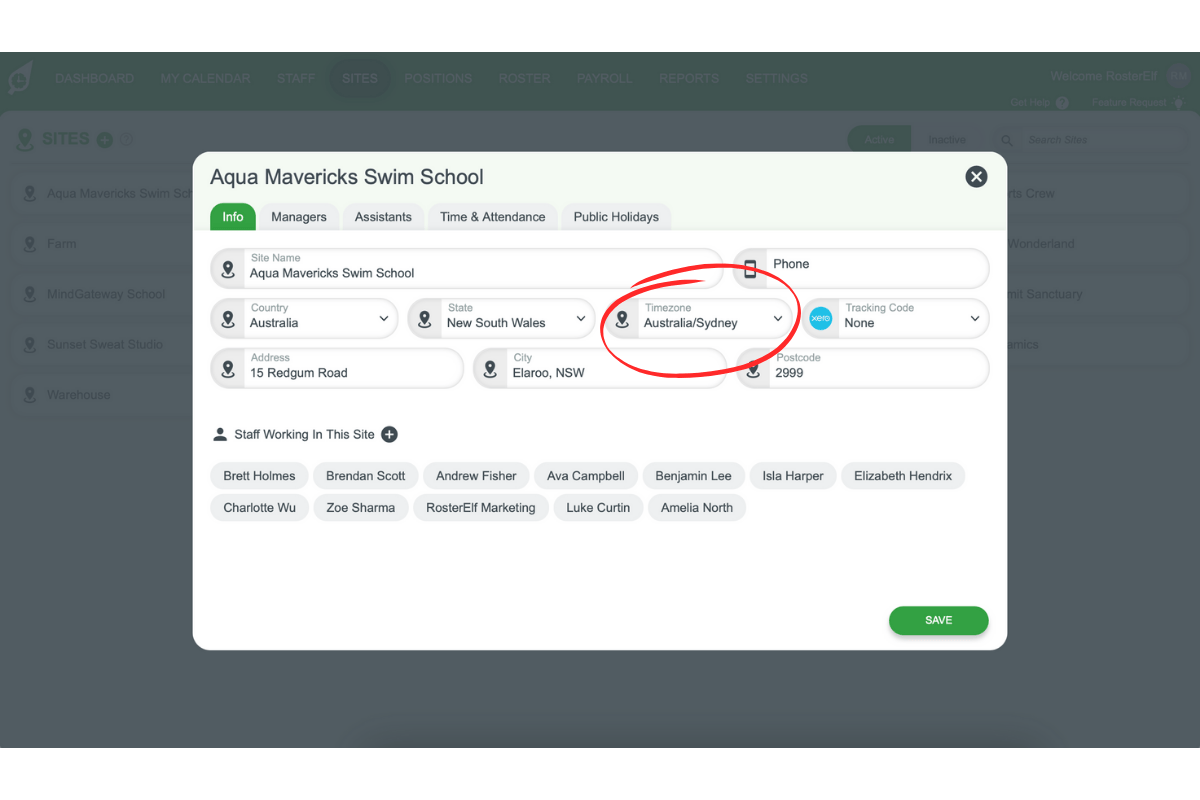 Screenshot showing the Info tab for site time zone settings