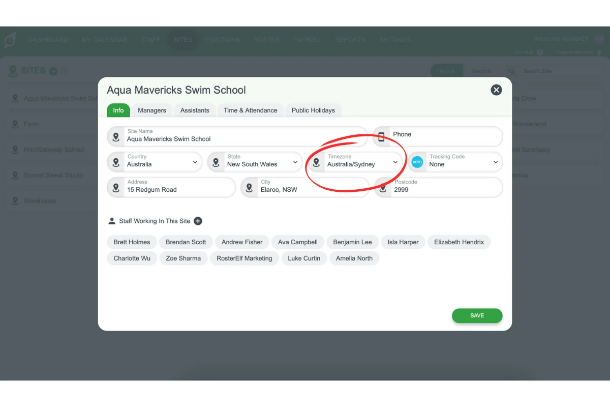 Screenshot showing the Info tab for site time zone settings