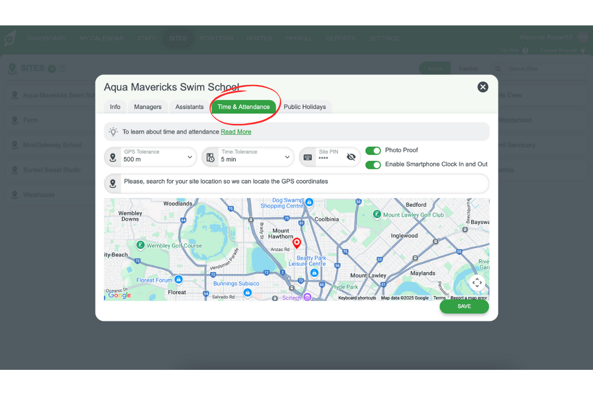 Screenshot illustrating the Time & Attendance tab for site-specific settings