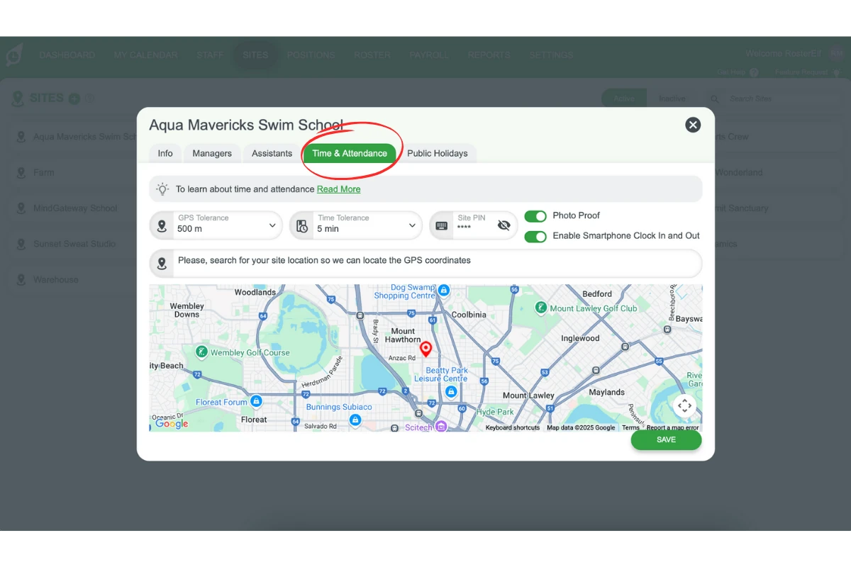 Screenshot illustrating the Time & Attendance tab for site-specific settings