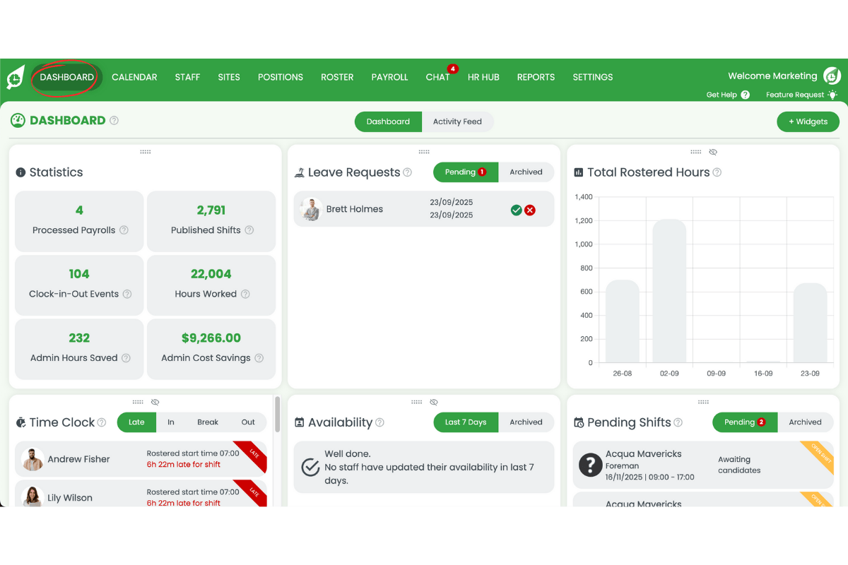 RosterElf dashboard showing the main navigation and overview