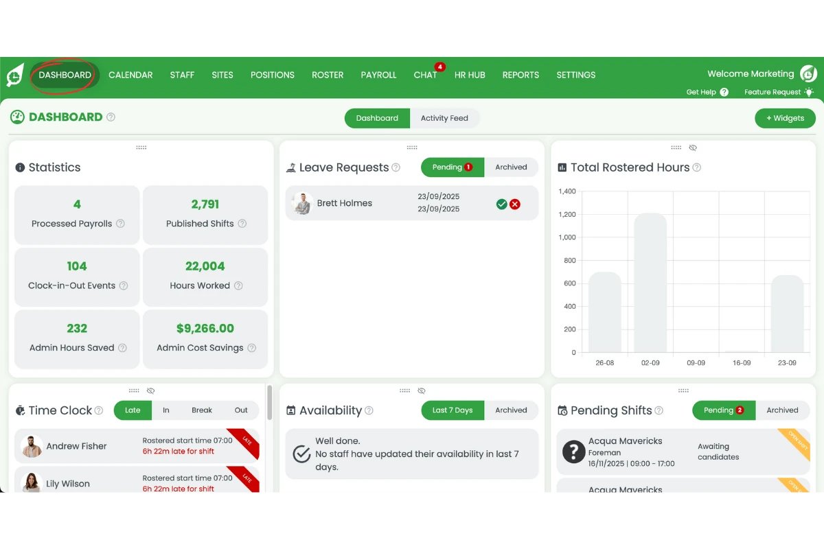 RosterElf dashboard showing the main navigation and overview