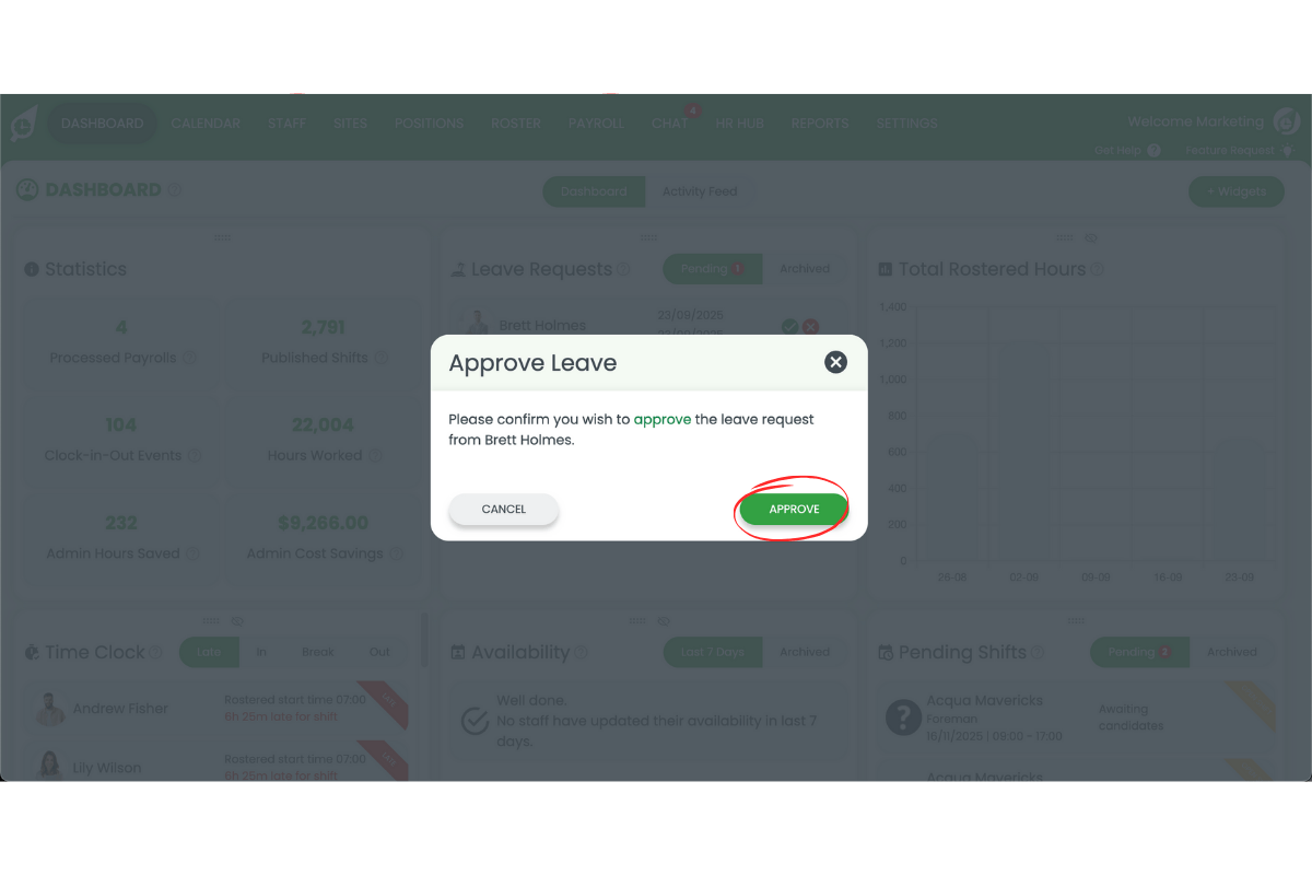 Confirming the leave request approval in RosterElf