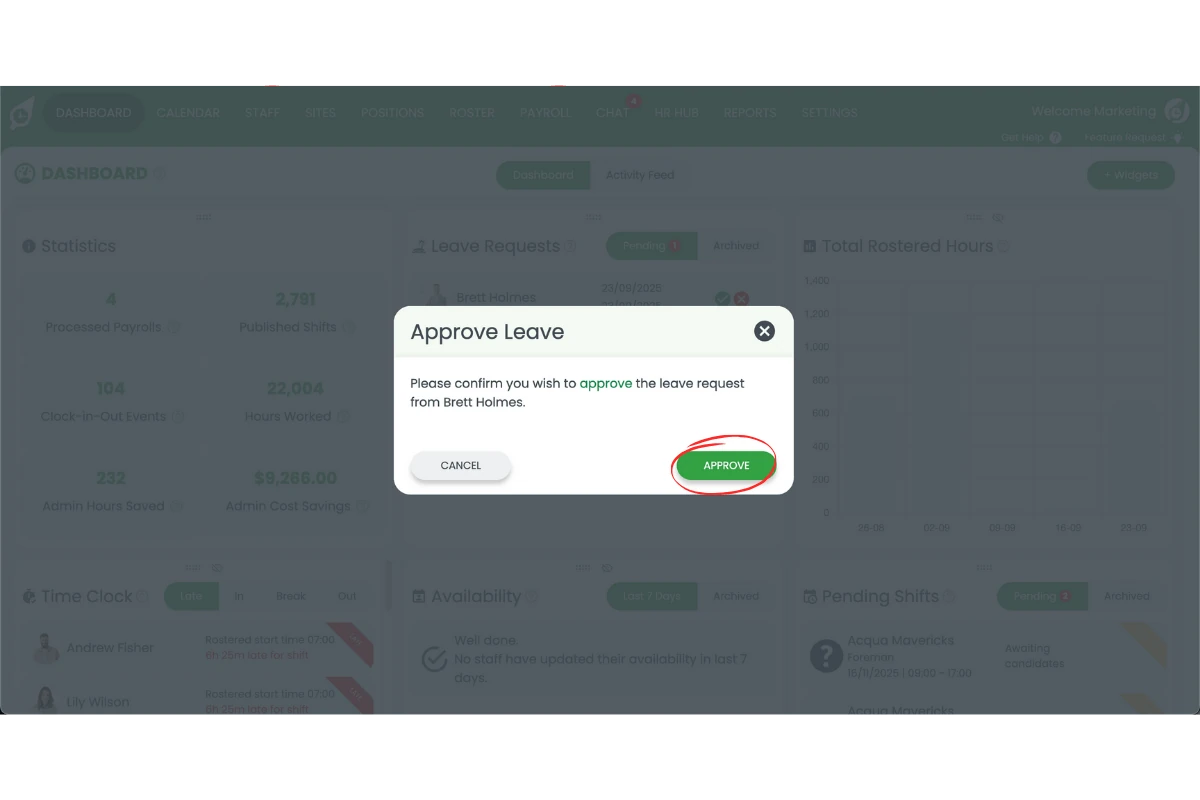 Confirming the leave request approval in RosterElf