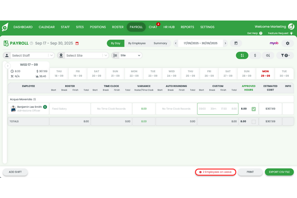 Pressing the Employees on leave button in RosterElf Payroll
