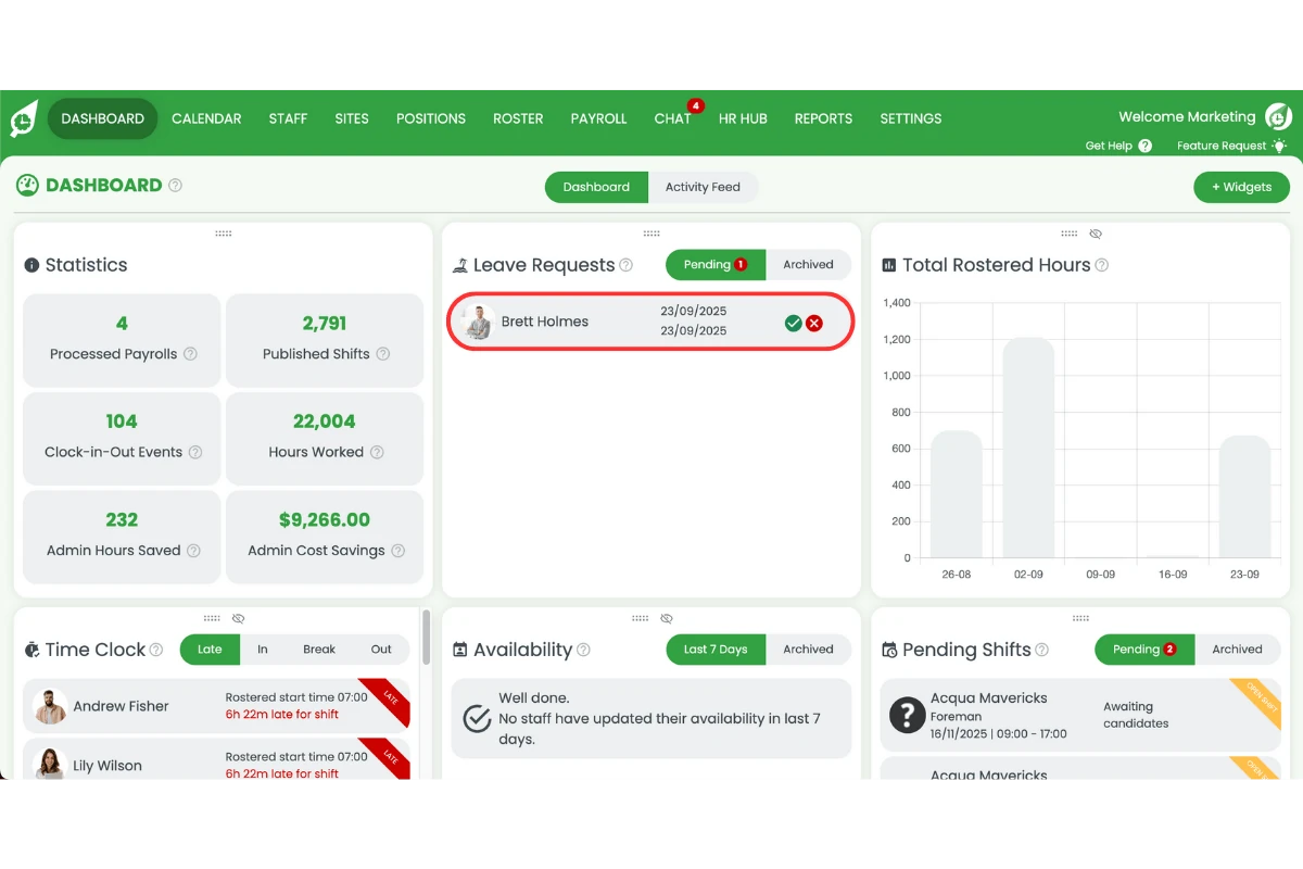 Clicking on a pending leave request in the RosterElf dashboard