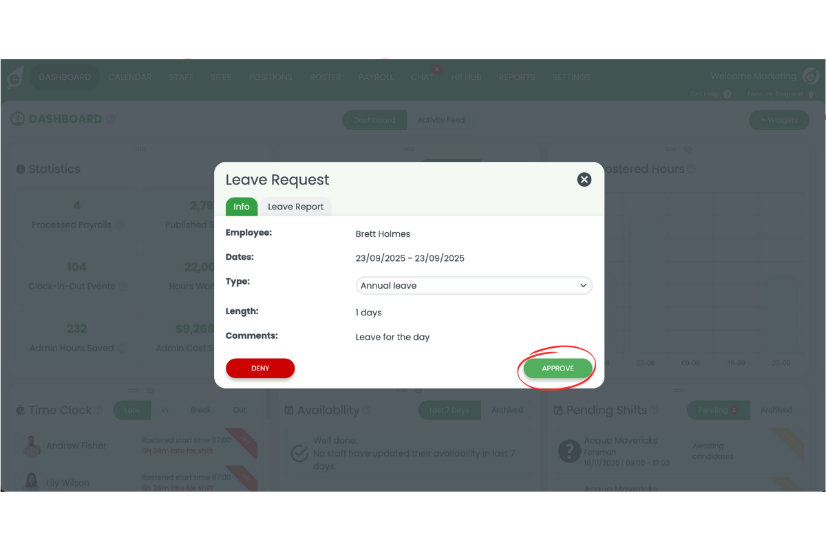 Pressing the Approve button for a leave request in RosterElf
