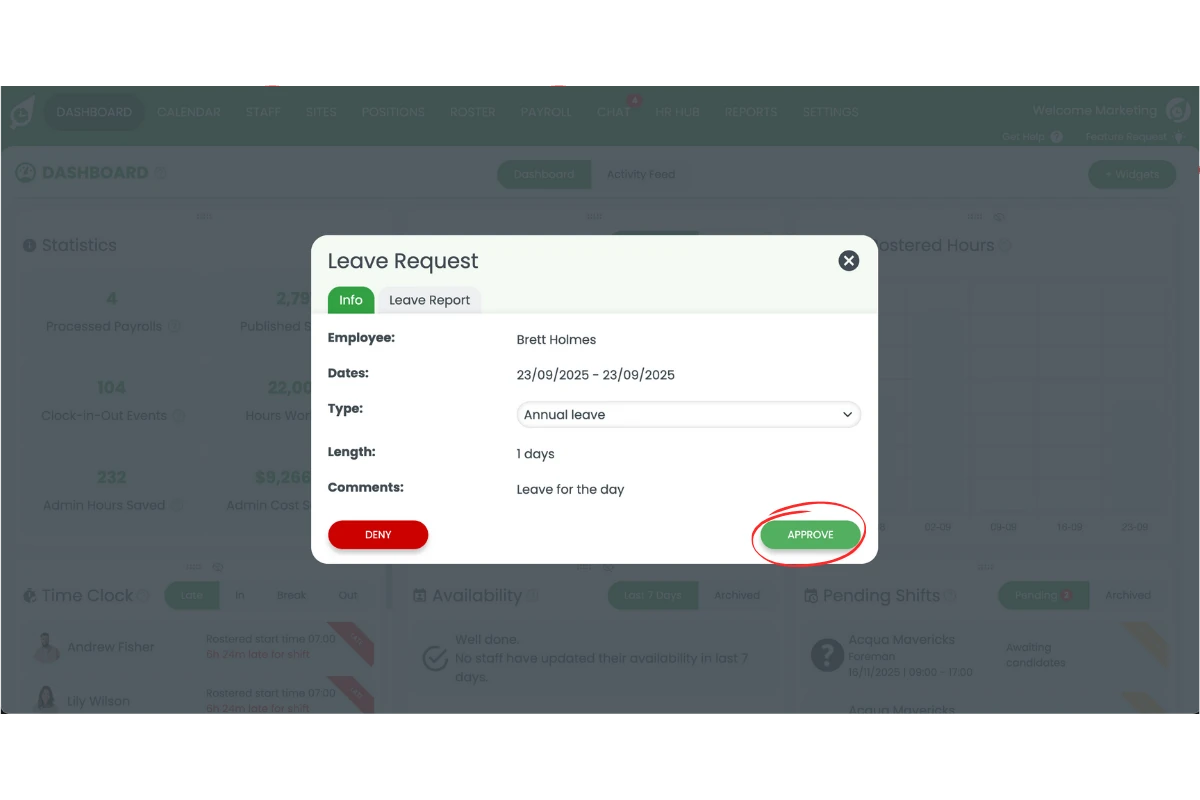 Pressing the Approve button for a leave request in RosterElf