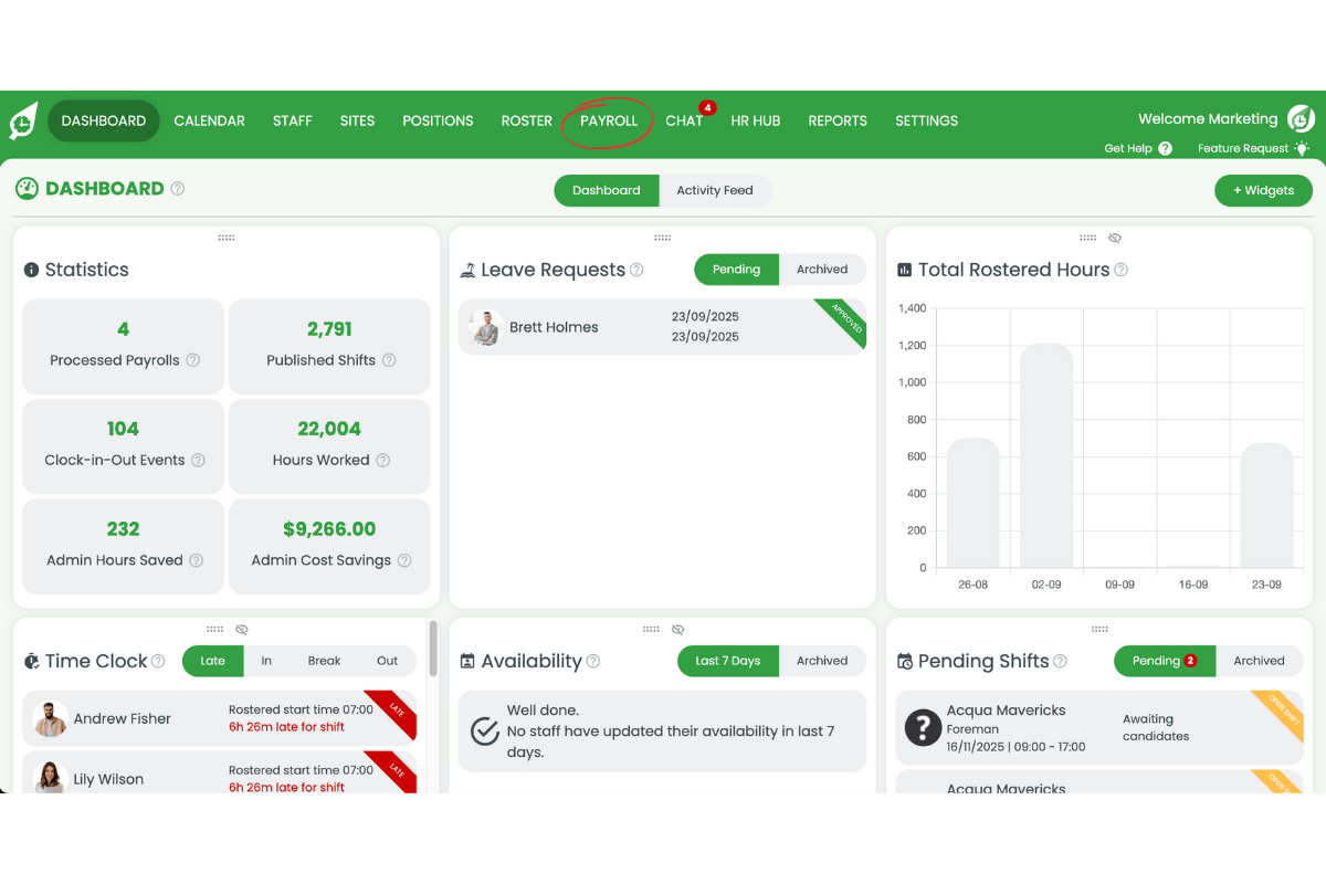Navigating to the Payroll section in RosterElf