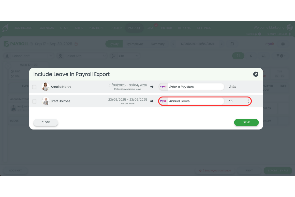 Entering the units of leave taken in RosterElf