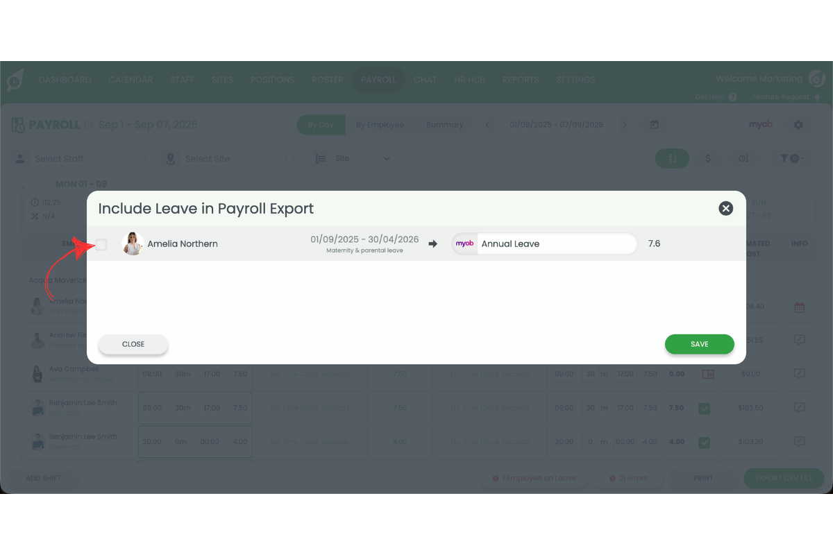 Ticking the leave types to include in the payroll export in RosterElf