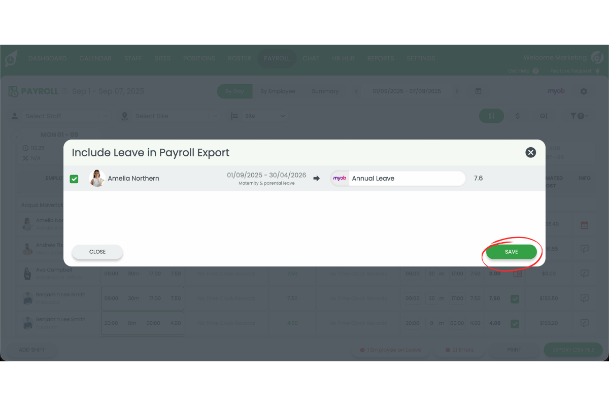 Pressing the Save button to complete leave export to MYOB