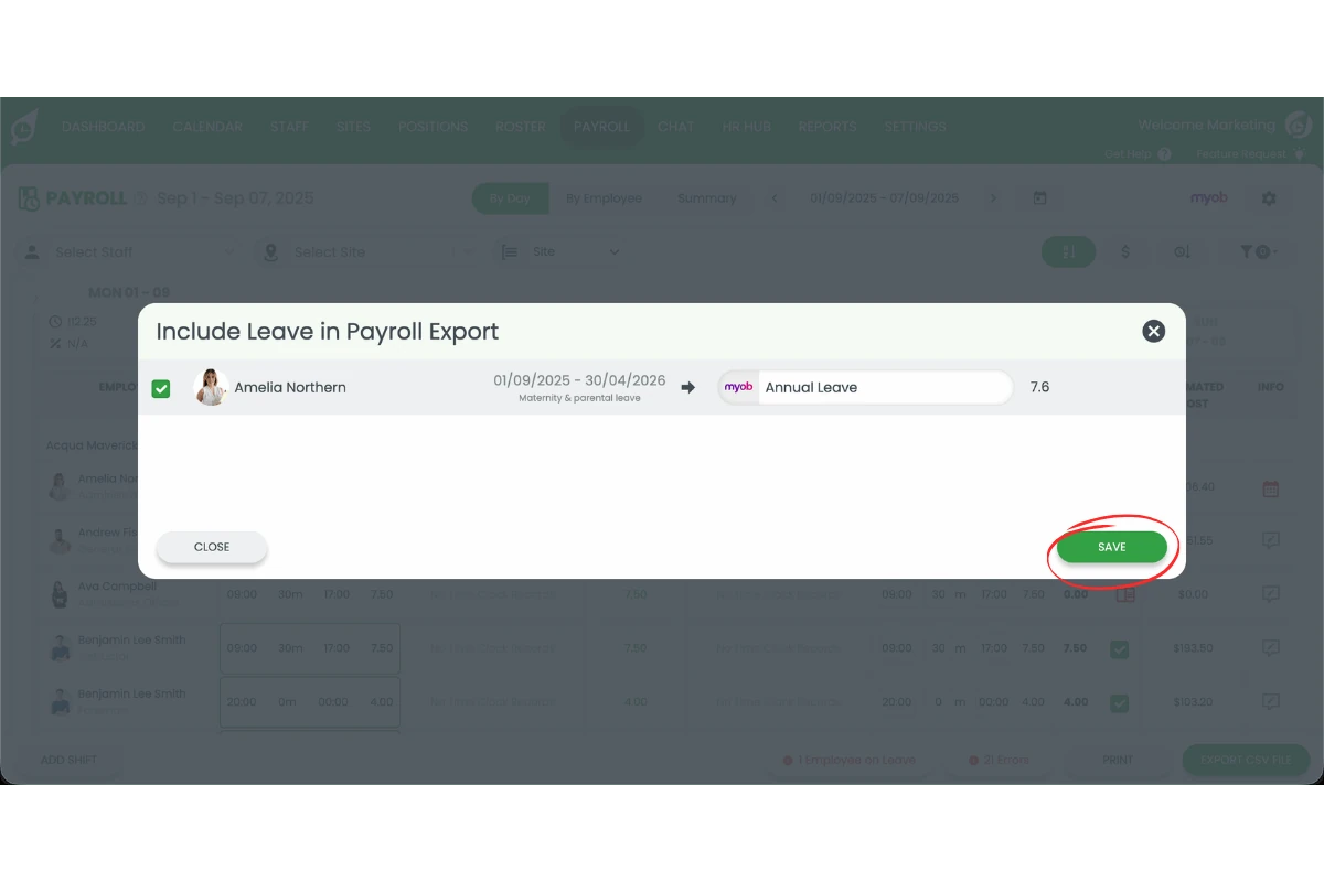 Pressing the Save button to complete leave export to MYOB