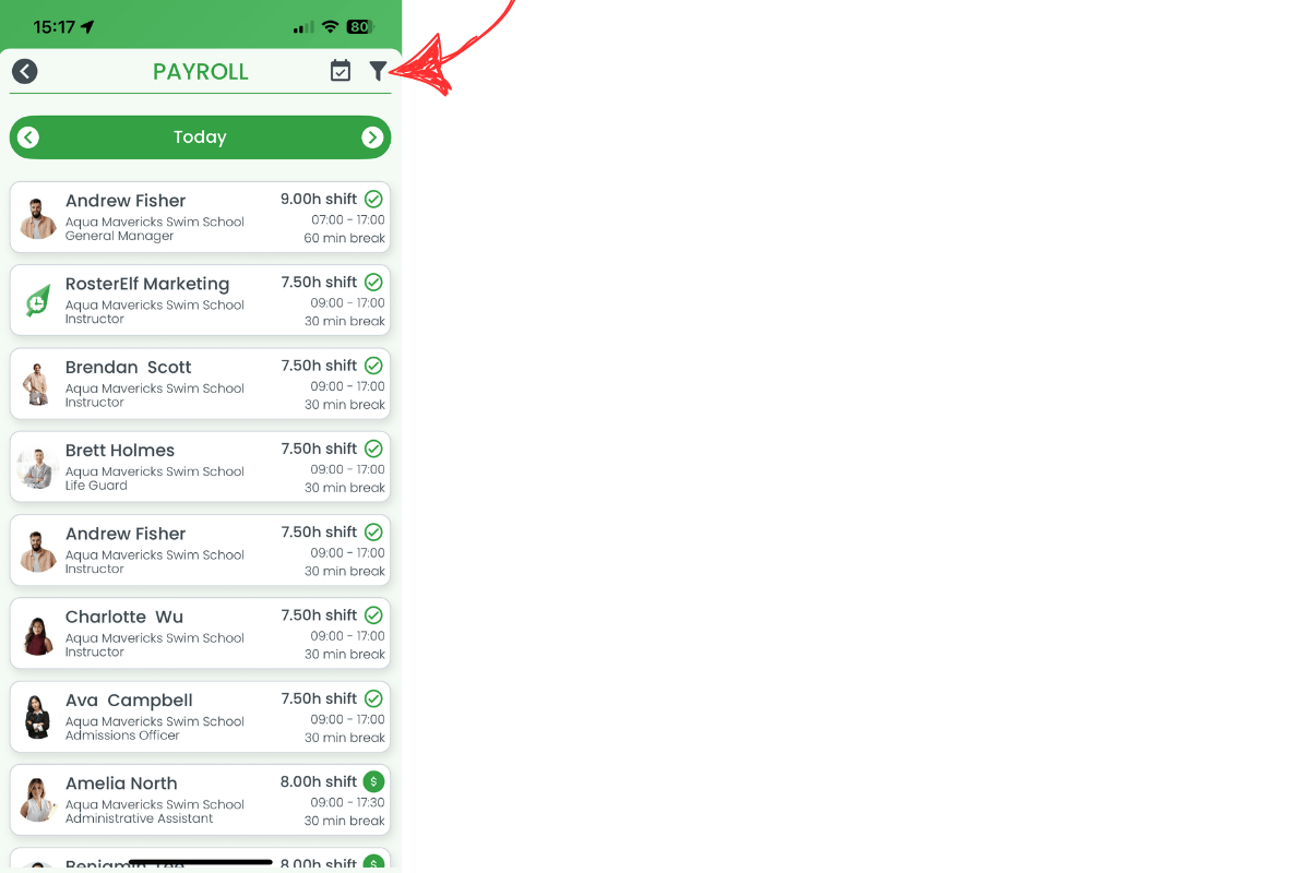 Filter icon highlighted on payroll screen