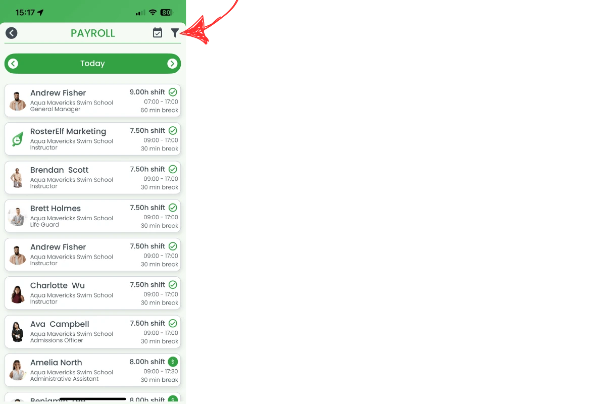 Filter icon highlighted on payroll screen