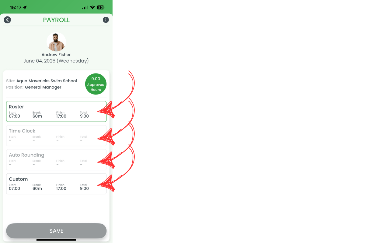 Payroll approval fields highlighted