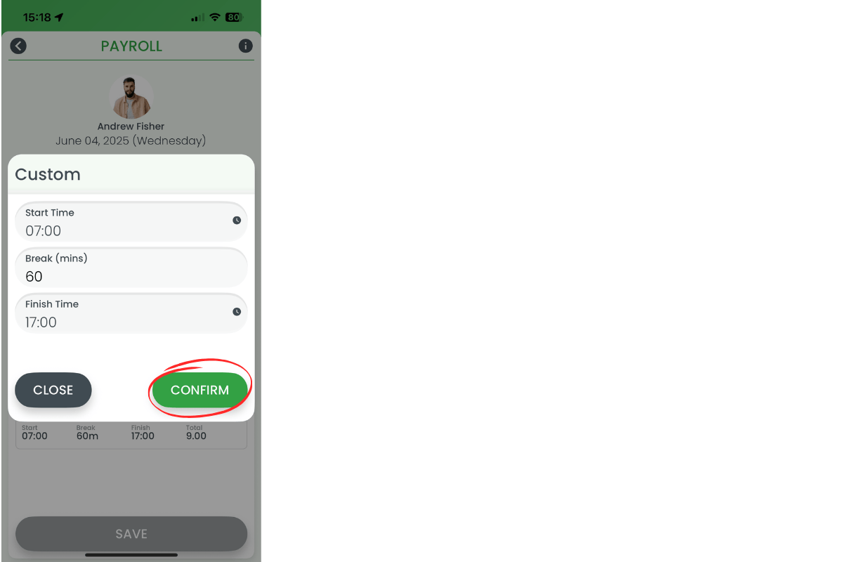 Custom hours pop-up with Confirm button