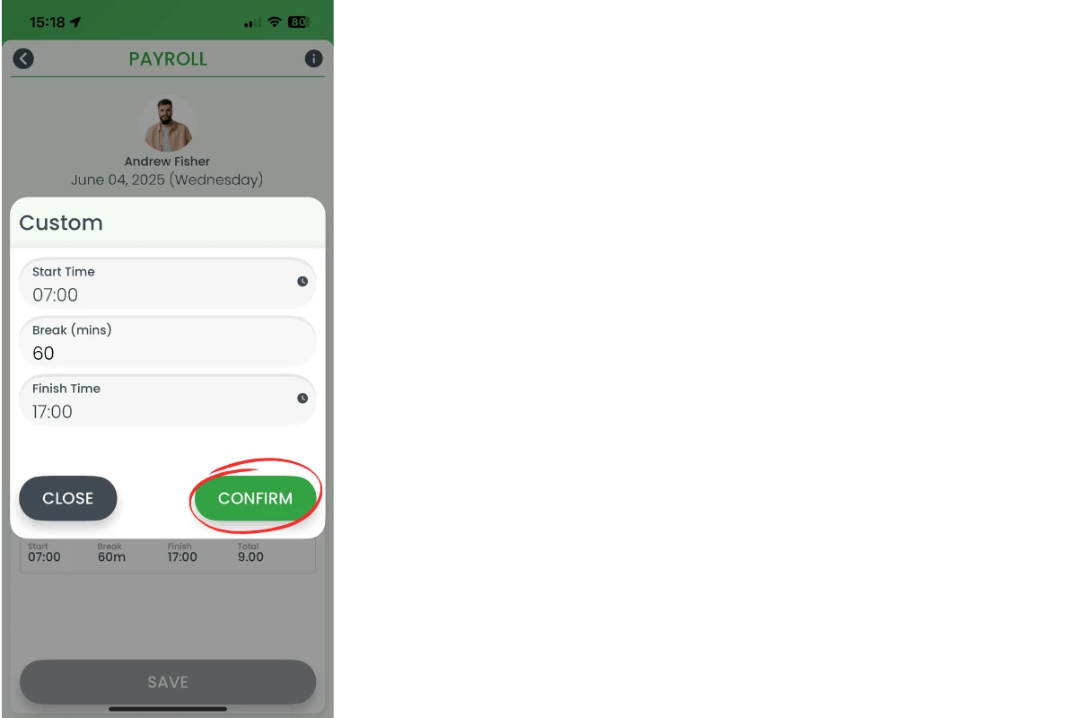 Custom hours pop-up with Confirm button